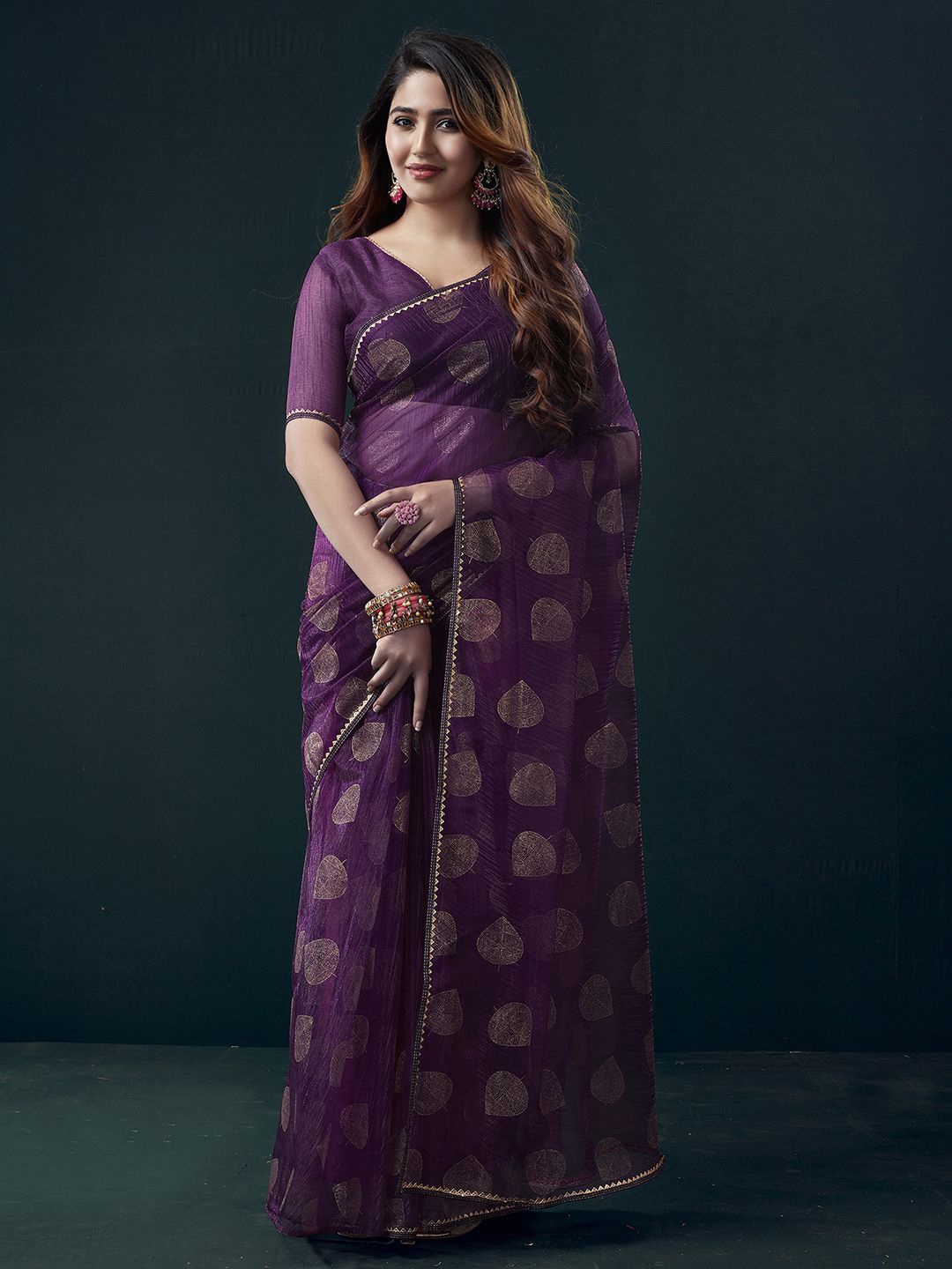 

KALINI Geometric Printed Gotta Patti Net Saree, Purple