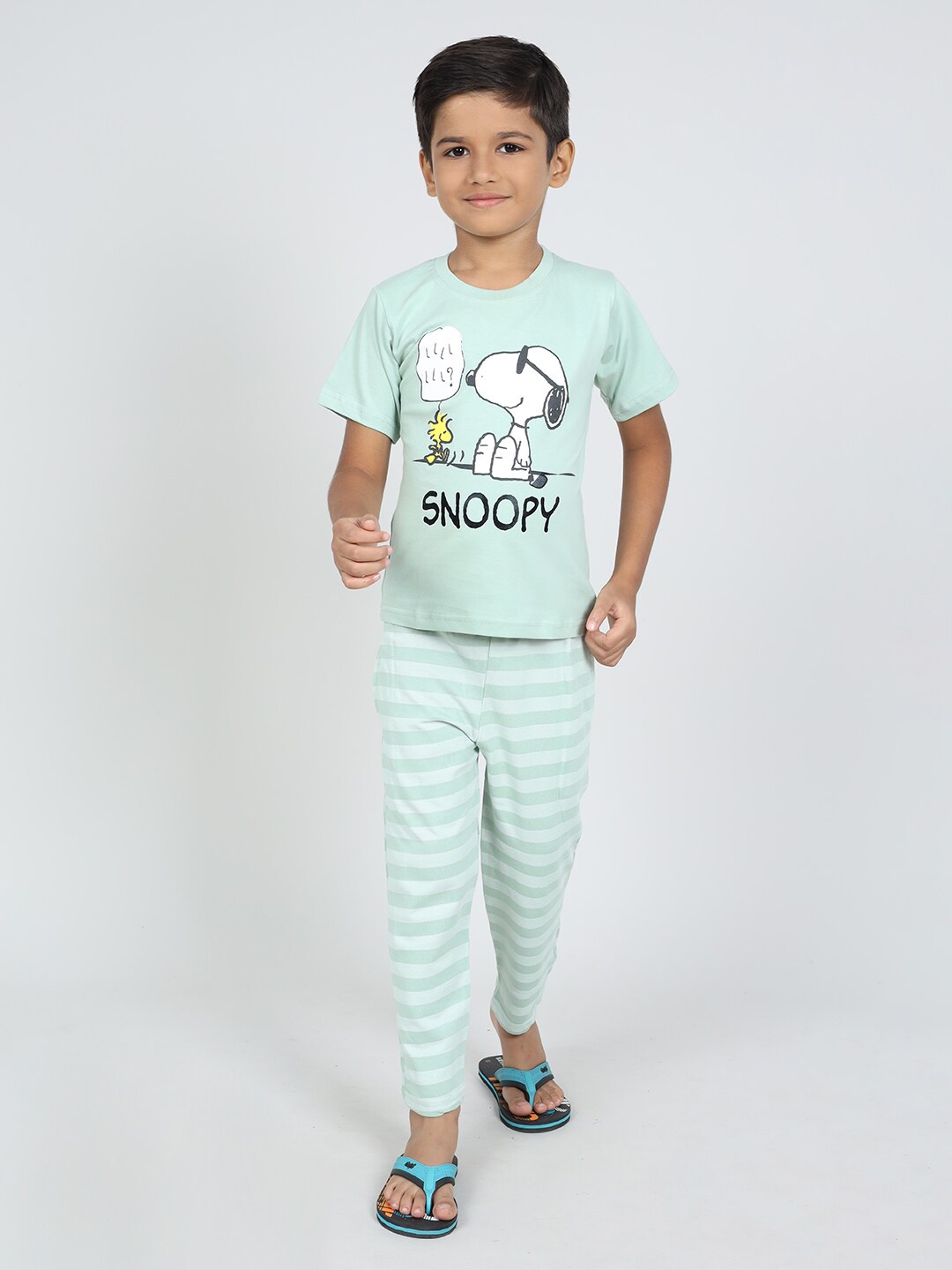 

DENIKID Kids Snoopy Printed Pure Cotton T-shirt With Pyjamas, Green