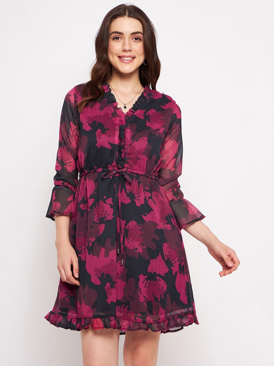 

DELAN Floral Print Bell Sleeve Ruffled Chiffon A-Line Dress, Maroon