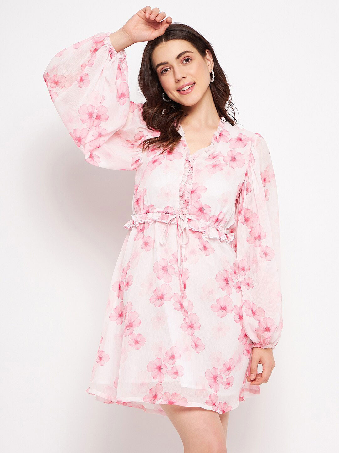 

DELAN Floral Print Ruffled Chiffon Fit & Flare Dress, Pink
