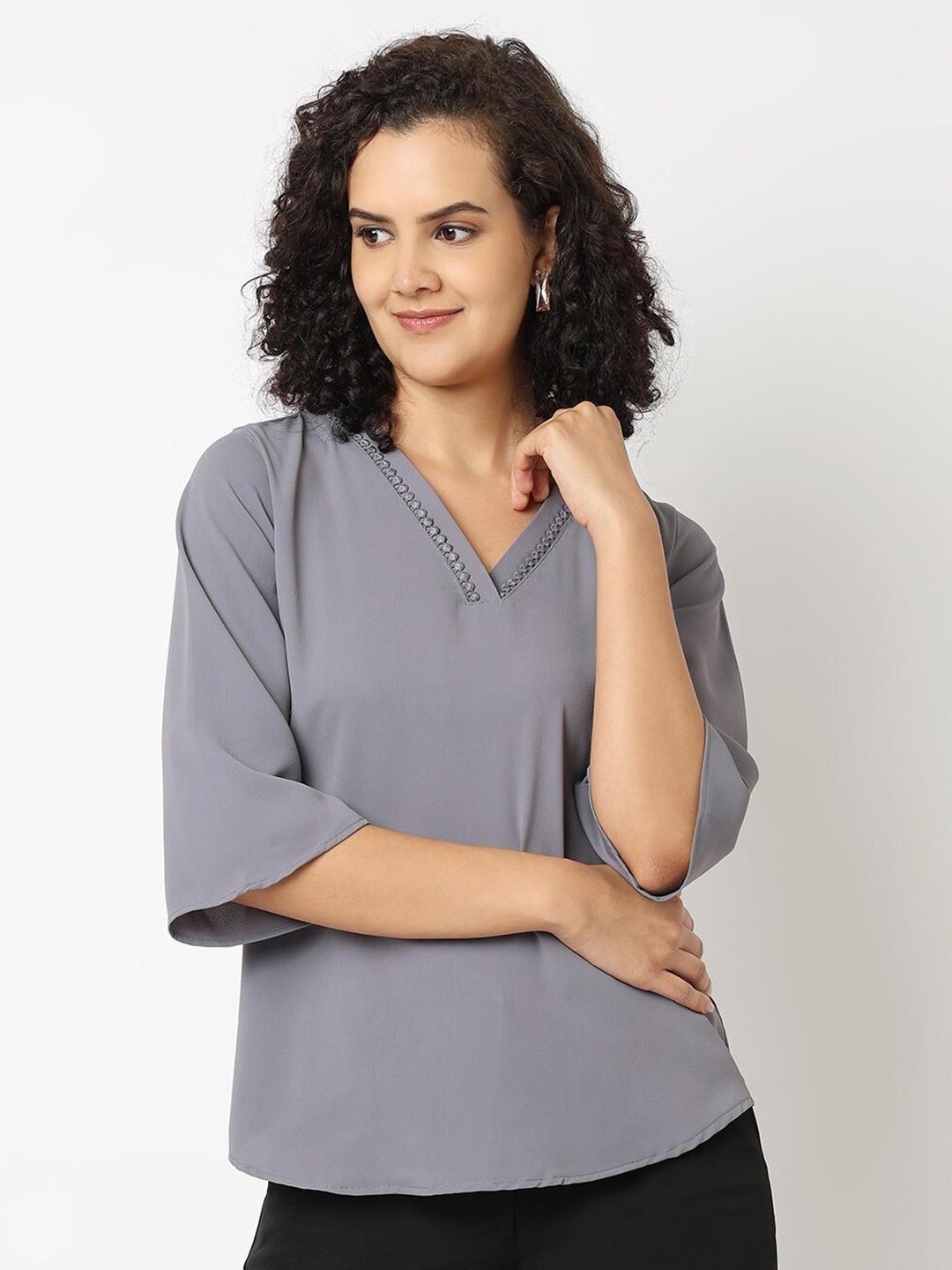 

NOT SO PINK V-Neck Flared Sleeves Regular Top, Grey