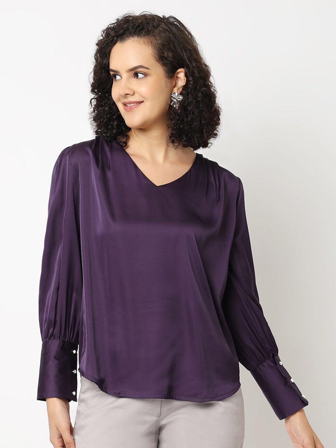 

NOT SO PINK V-Neck Long Cuffed Sleeves Regular Top, Purple