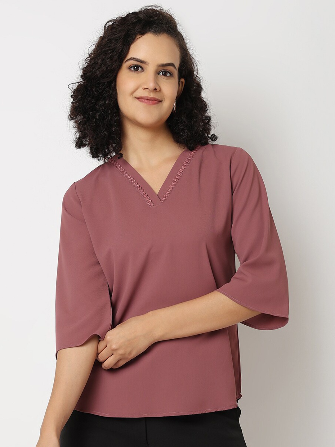 

NOT SO PINK V Neck Flared Sleeves Regular Top, Rose