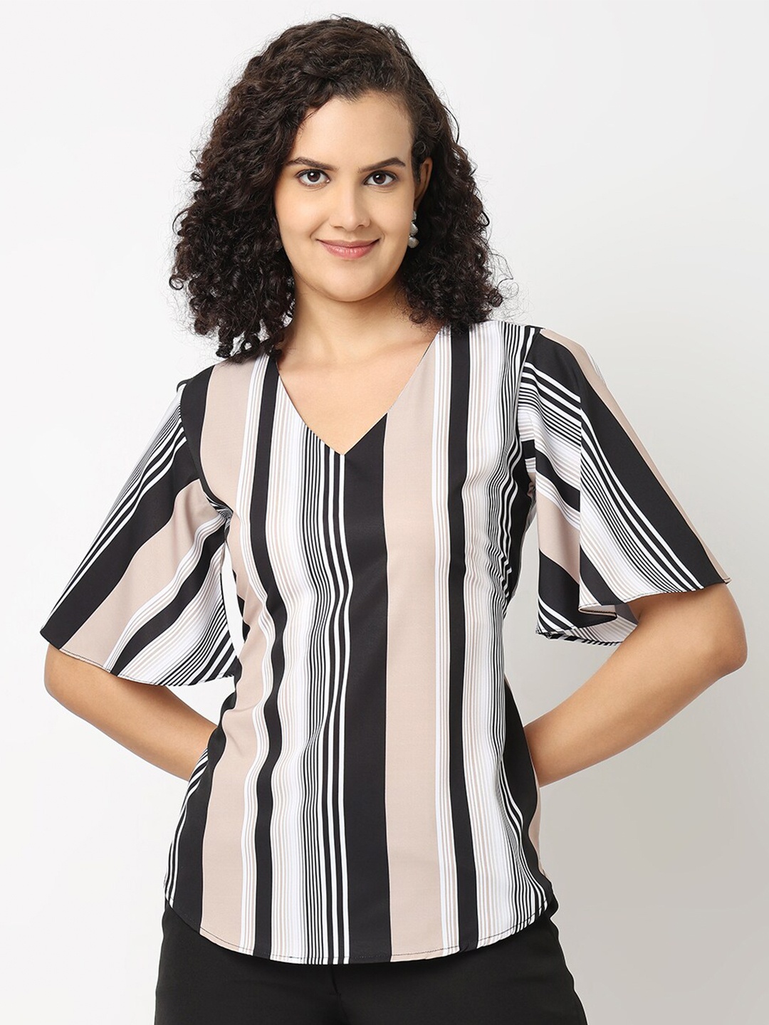 

NOT SO PINK Striped V Neck Flared Sleeve Top, Beige