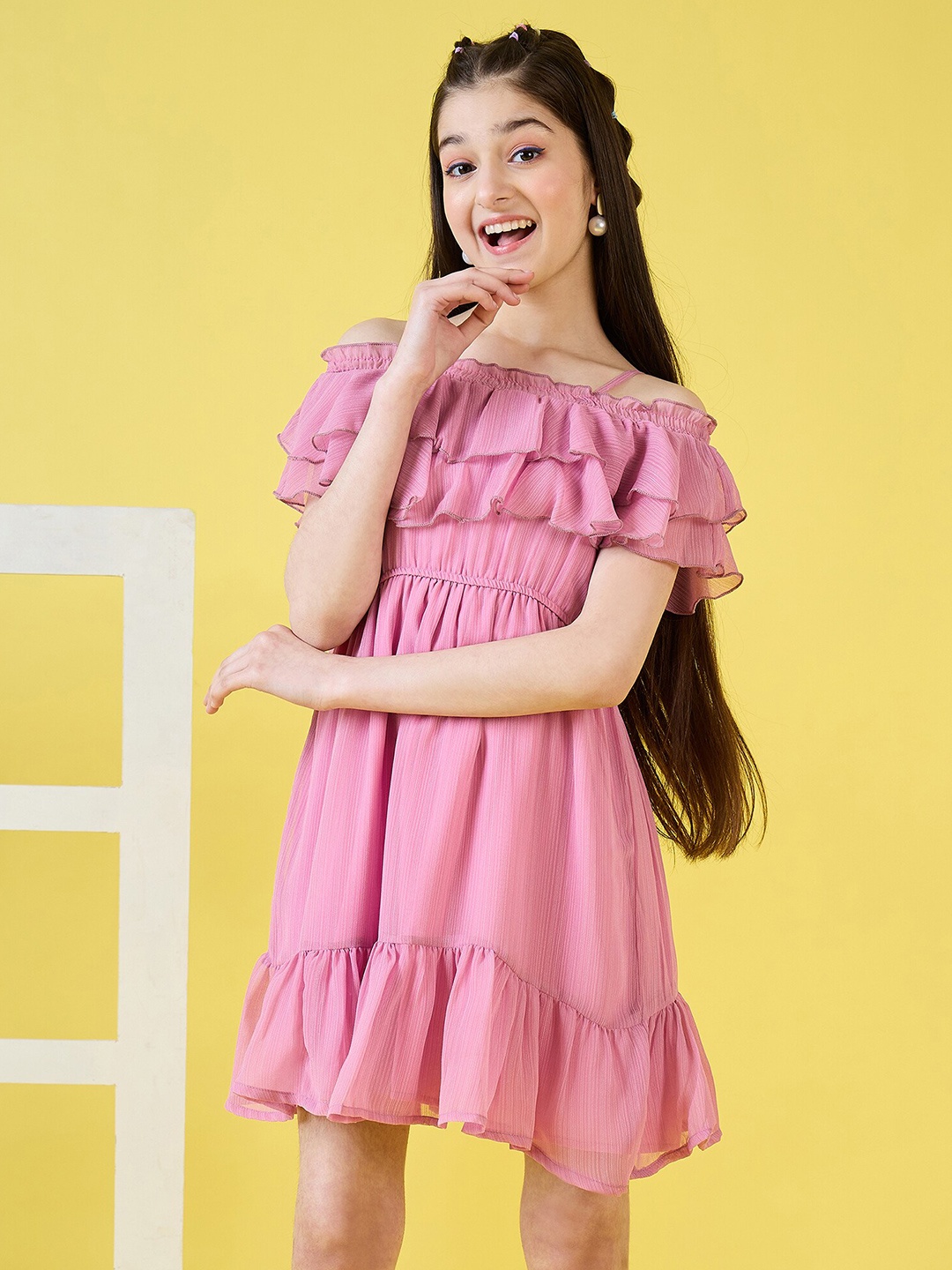 

Stylo Bug Girls Off-Shoulder Cold Shoulder Sleeves Ruffled Chiffon A-Line Dress, Pink