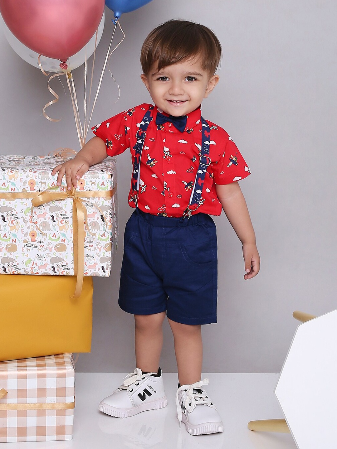 

KID1 Boys Printed Pure Cotton Shirt With Shorts, Red