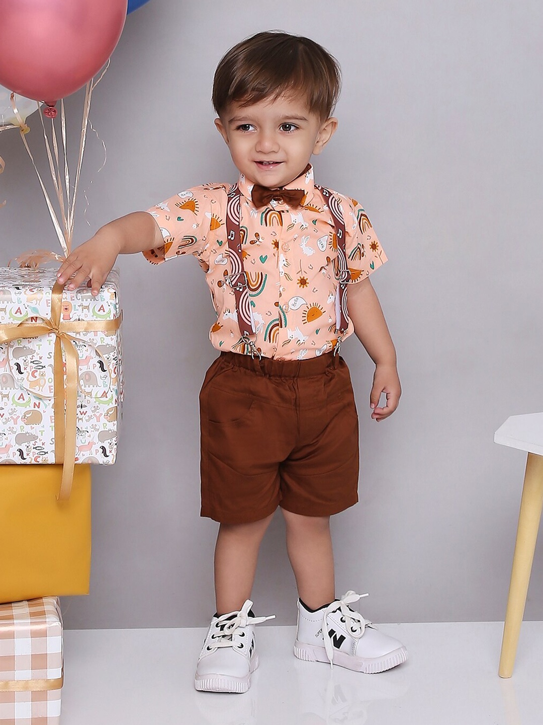 

KID1 Boys Printed Pure Cotton Shirt With Shorts, Peach