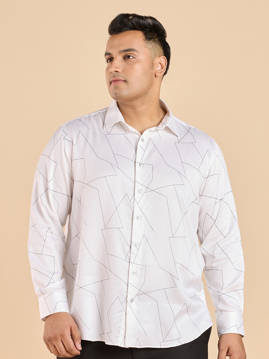 

Big Hello - The Plus Life Geometric Printed Tencel Casual Shirt, White