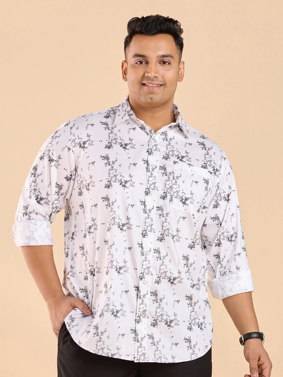 

Big Hello - The Plus Life Abstract Printed Tencel Casual Shirt, White