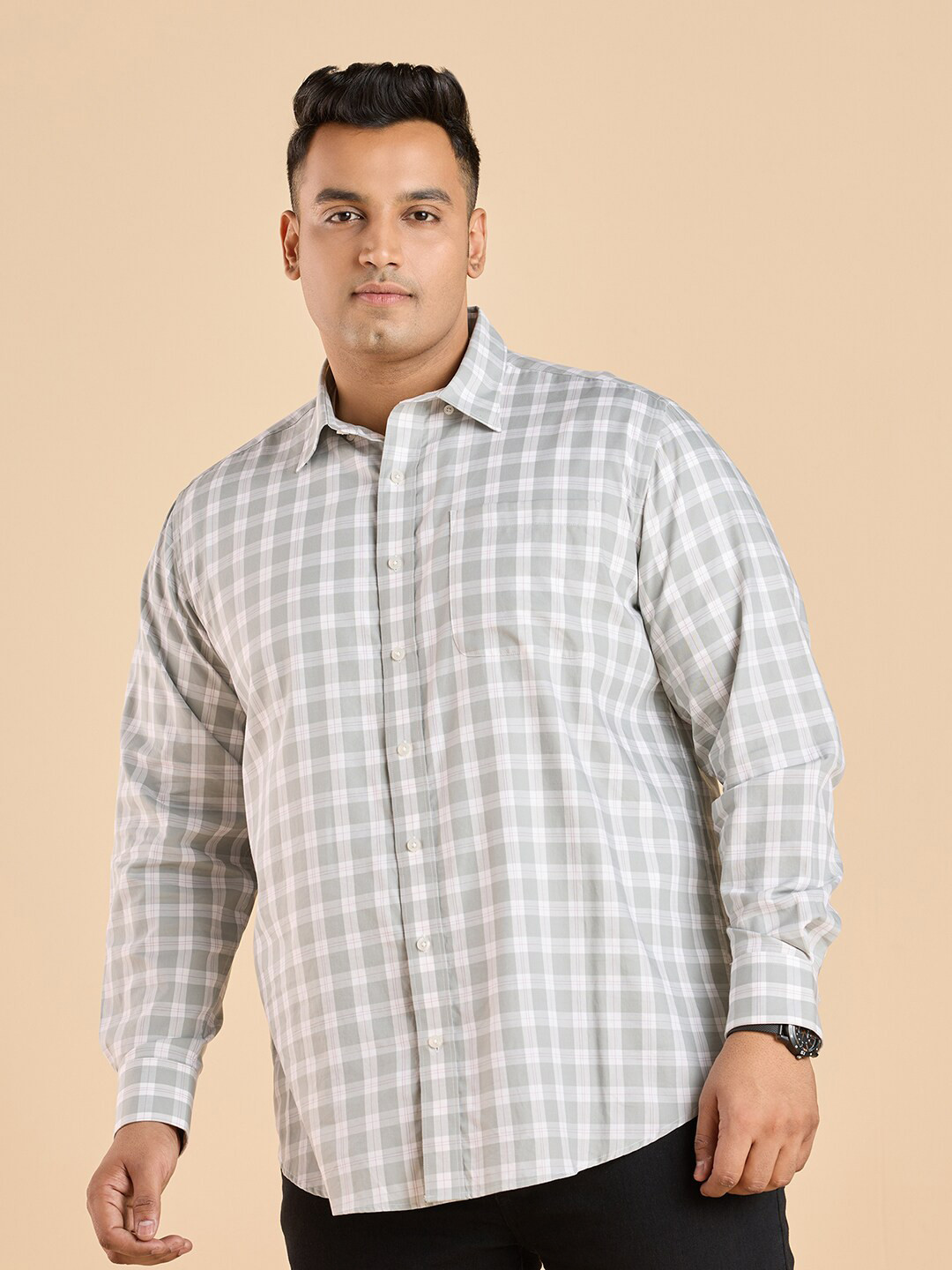 

Big Hello - The Plus Life Tartan Checks Spread Collar Long Sleeves Cotton Casual Shirt, Grey