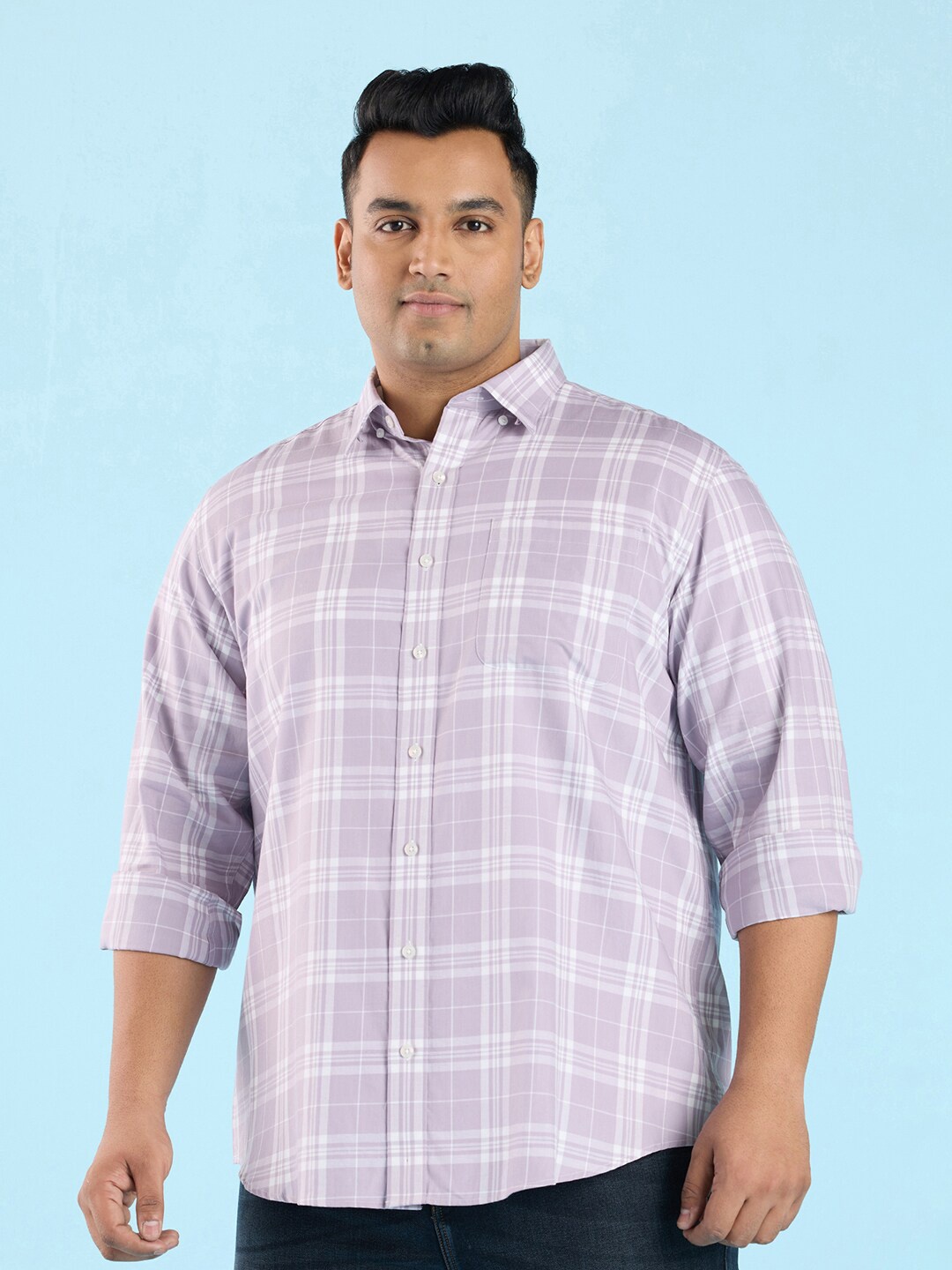 

Big Hello - The Plus Life Tartan Checks Spread Collar Long Sleeves Cotton Casual Shirt, Purple