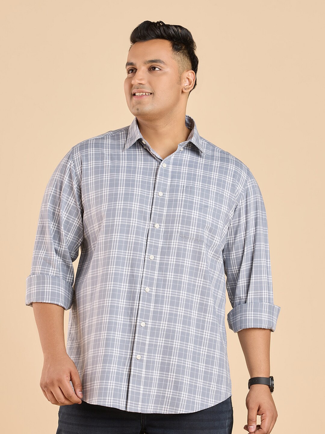 

Big Hello - The Plus Life Tartan Checked Cotton Casual Shirt, Grey
