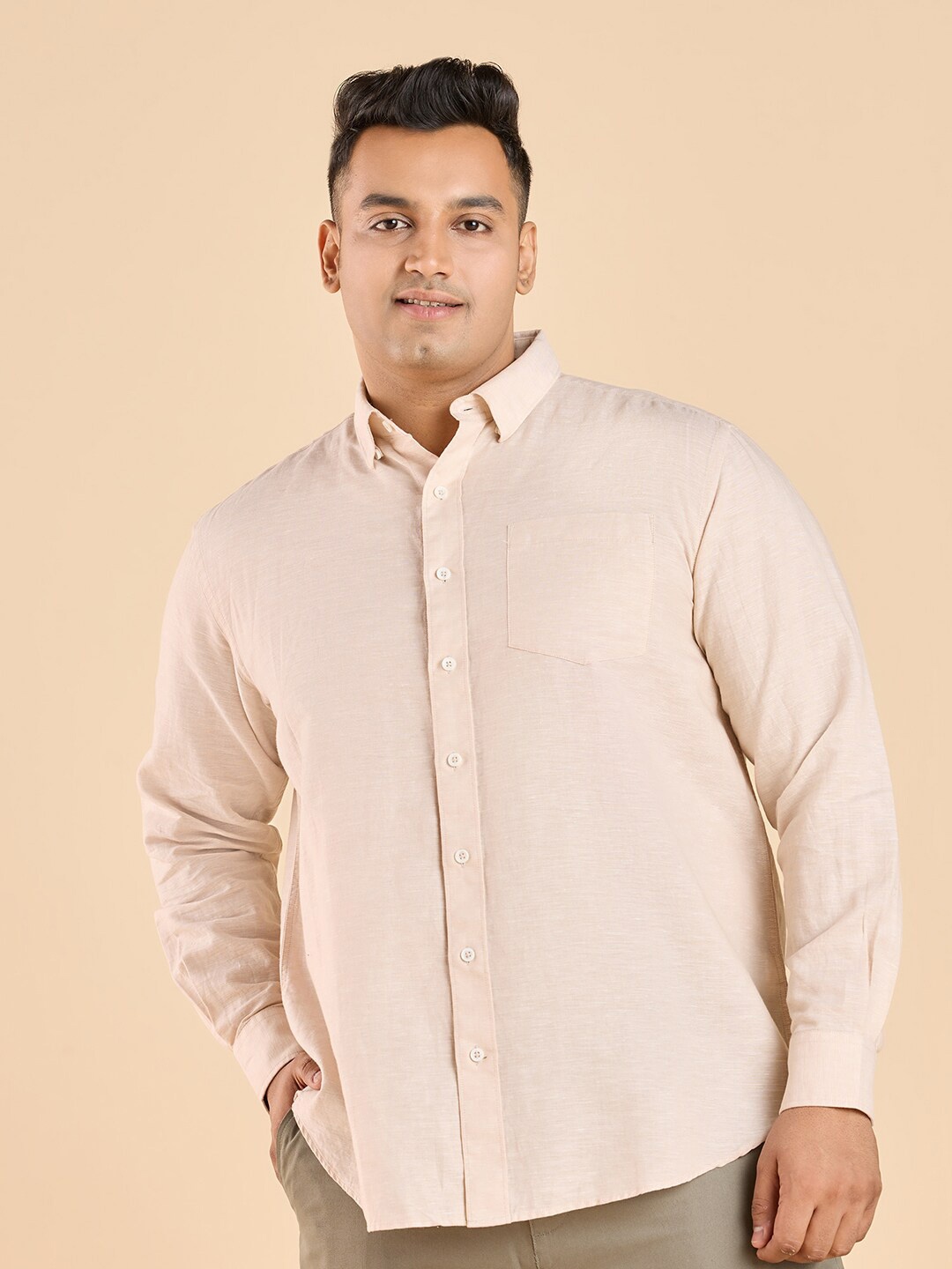 

Big Hello - The Plus Life Spread Collar Linen Casual Shirt, Beige