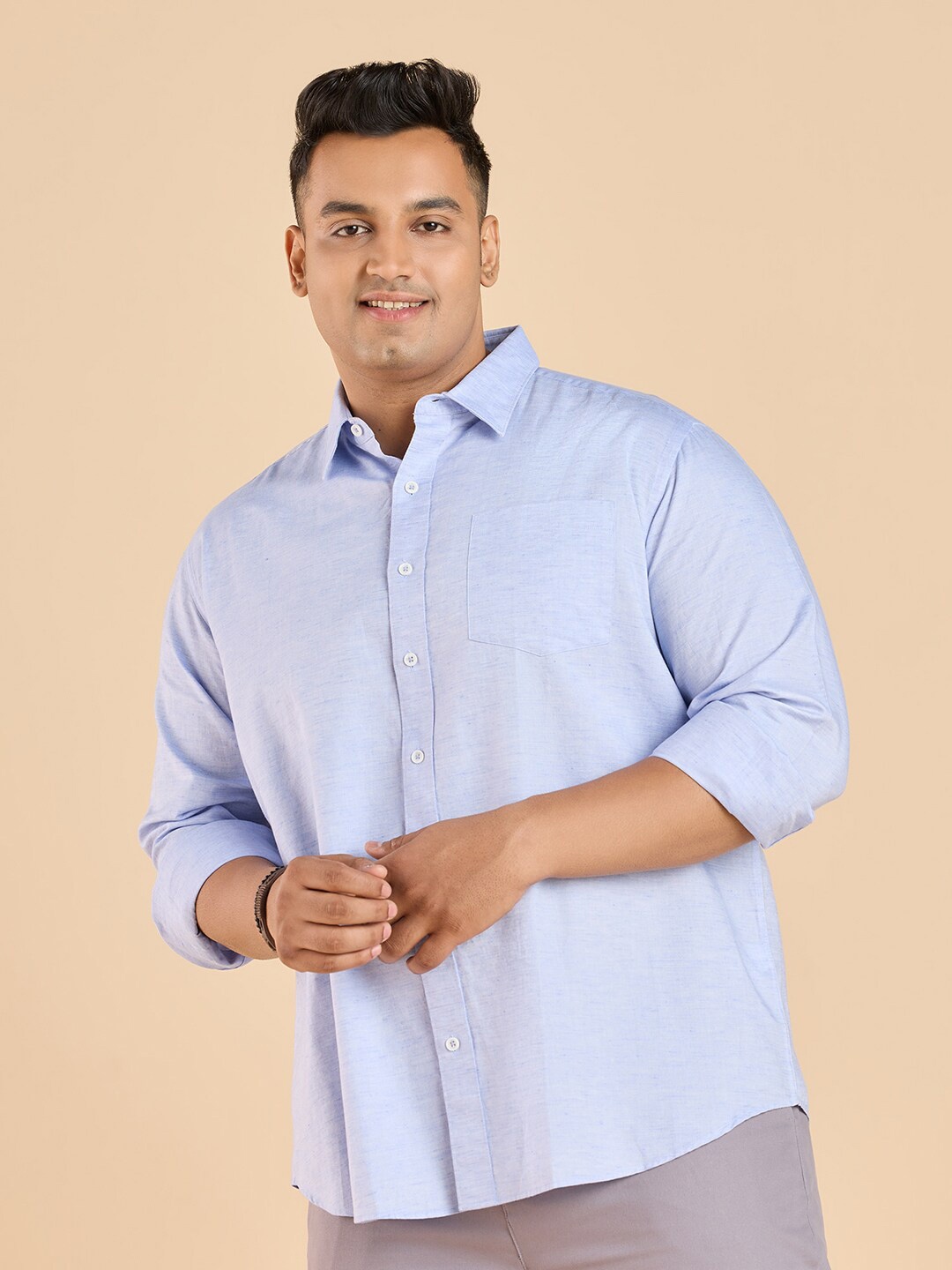 

Big Hello - The Plus Life Spread Collar Linen Casual Shirt, Blue