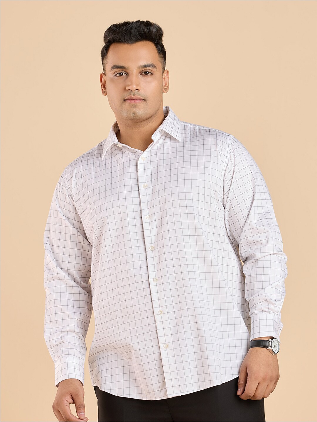 

Big Hello - The Plus Life Grid Tattersall Checked Spread Collar Cotton Casual Shirt, White