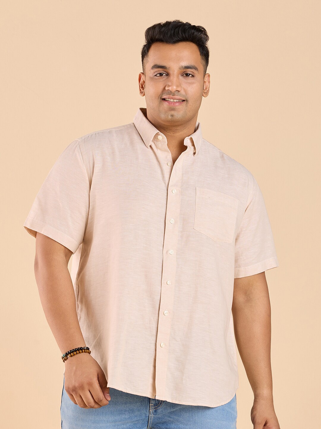 

Big Hello - The Plus Life Spread Collar Linen Casual Shirt, Beige
