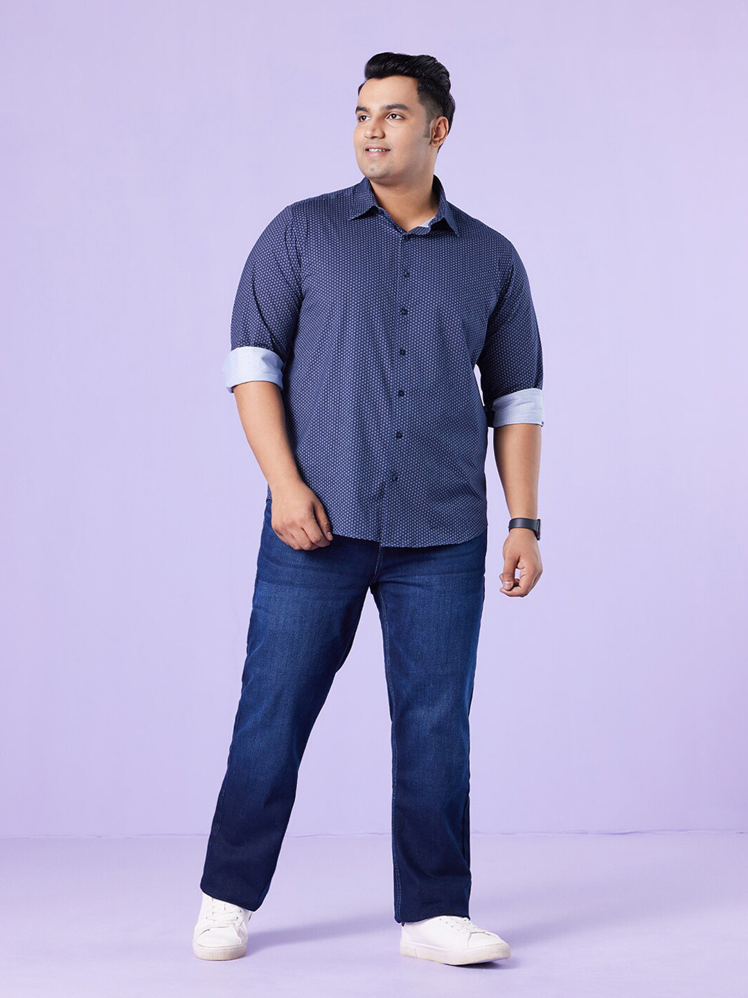 

Big Hello - The Plus Life Geometric Printed Spread Collar Long Sleeves Cotton Casual Shirt, Navy blue