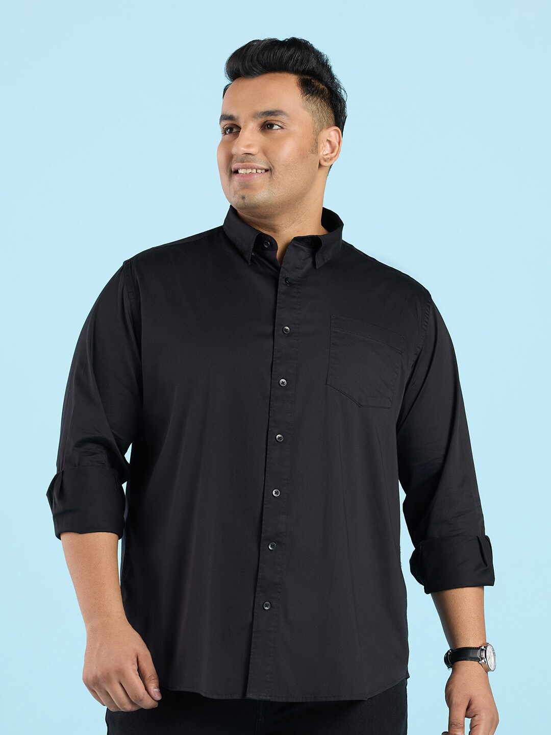 

Big Hello - The Plus Life Spread Collar Long Sleeves Satin Casual Shirt, Black