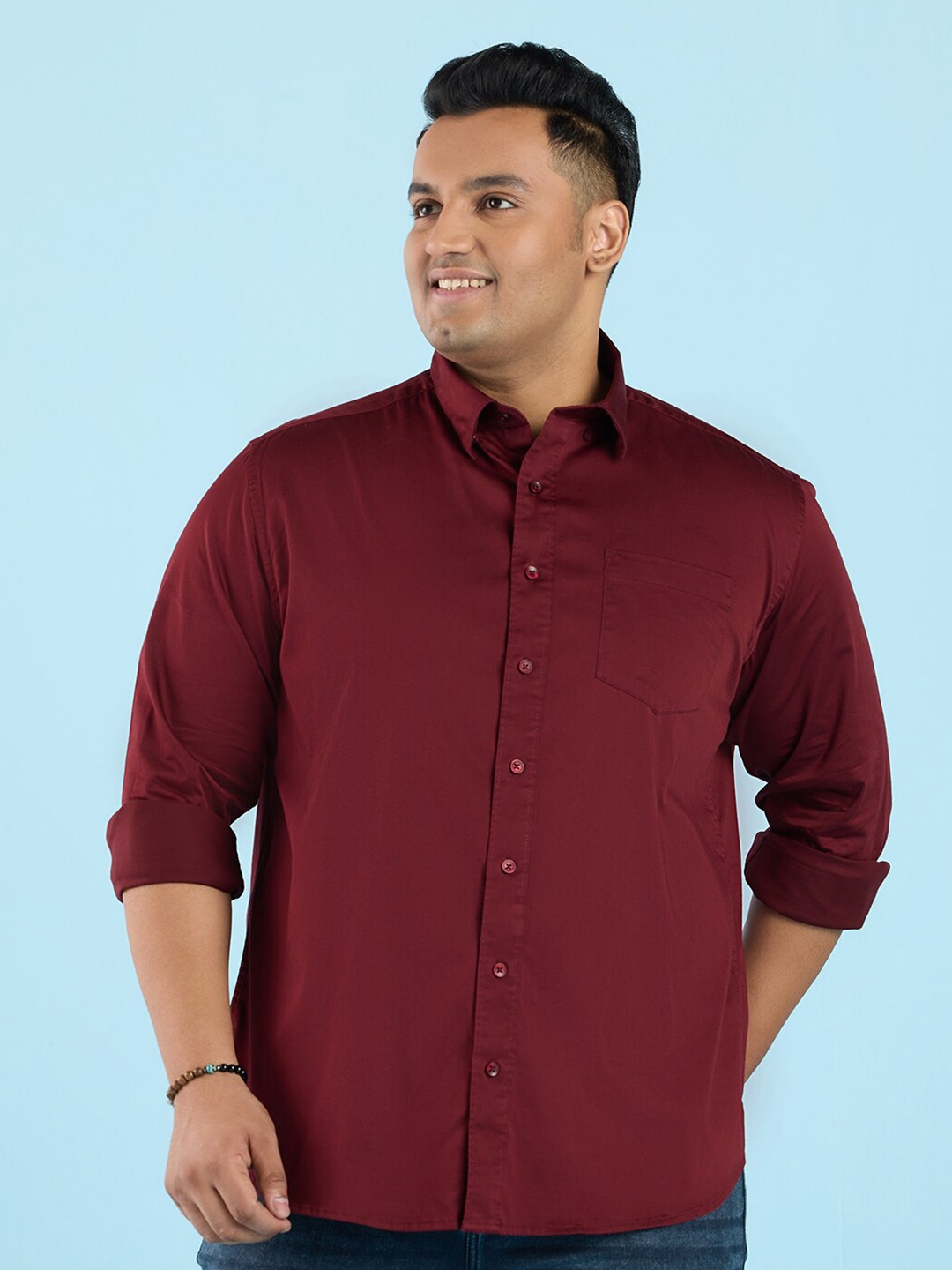 

Big Hello - The Plus Life Spread Collar Long Sleeves Satin Casual Shirt, Red