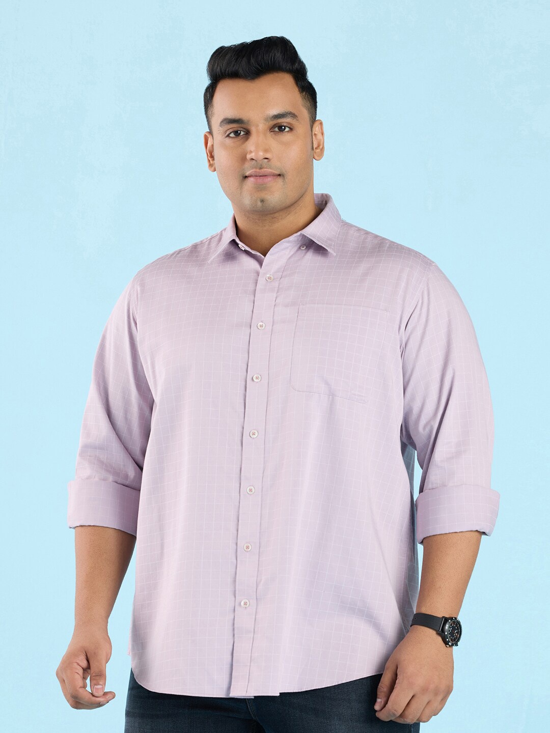 

Big Hello - The Plus Life Checked Spread Collar Long Sleeves Cotton Casual Shirt, Purple