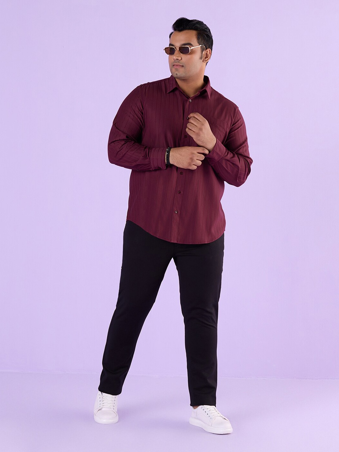 

Big Hello - The Plus Life Striped Spread Collar Cotton Casual Shirt, Red