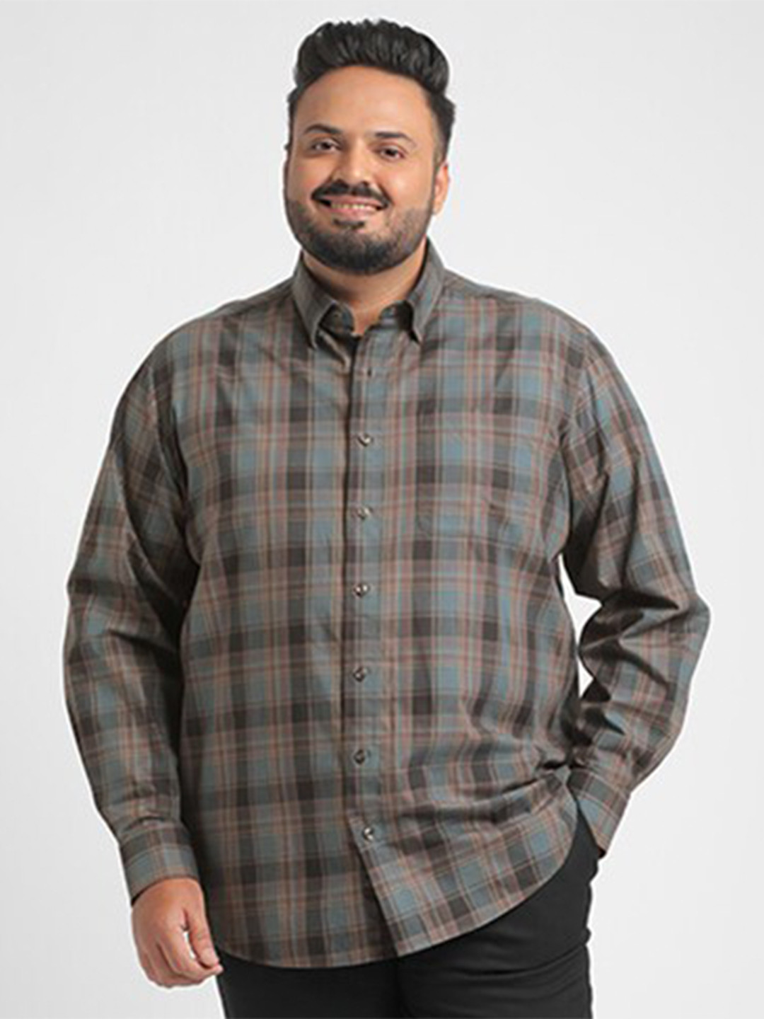 

Big Hello - The Plus Life Tartan Checked Cotton Casual Shirt, Navy blue