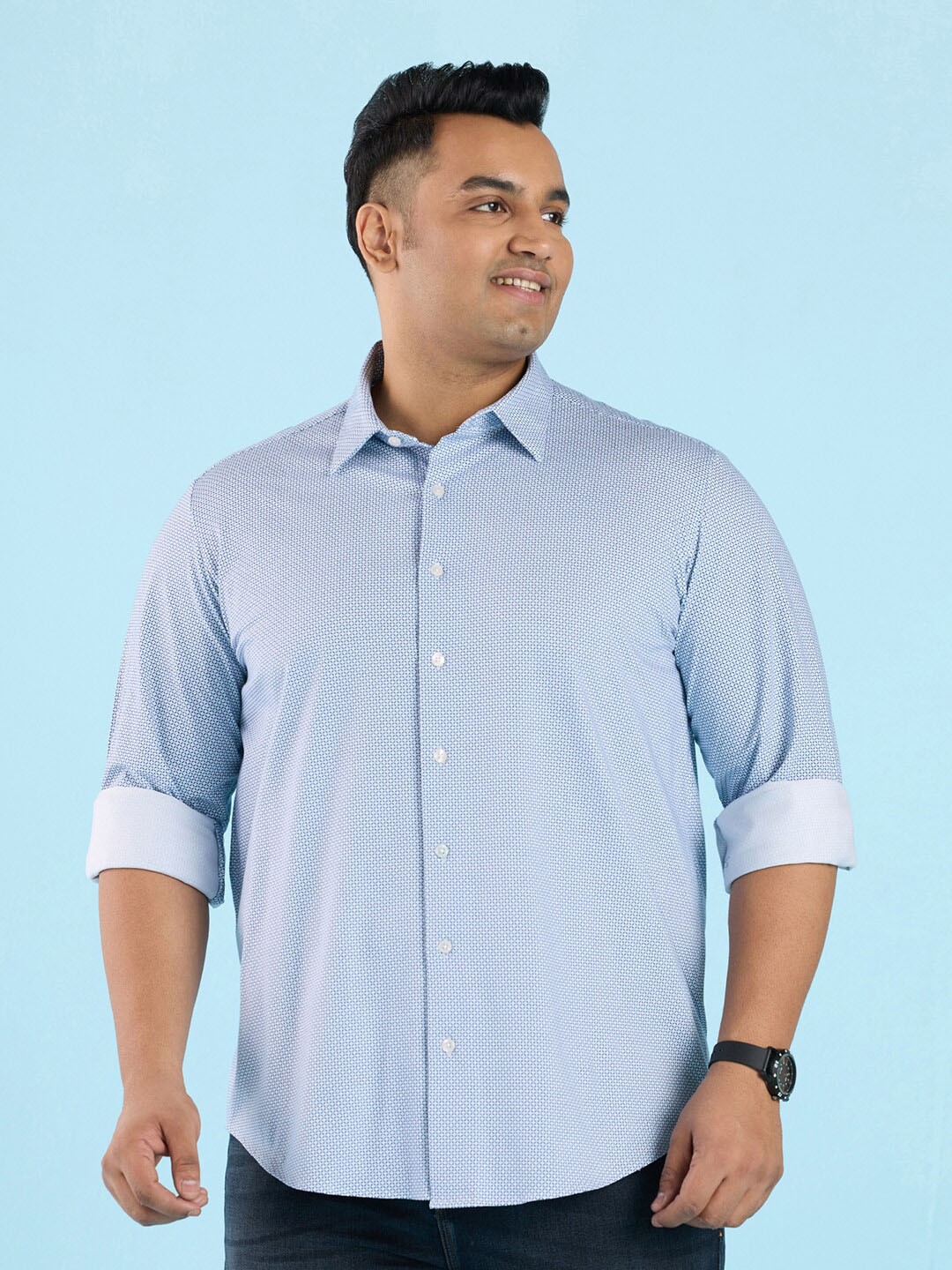 

Big Hello - The Plus Life Micro Ditsy Printed Cotton Casual Shirt, Blue
