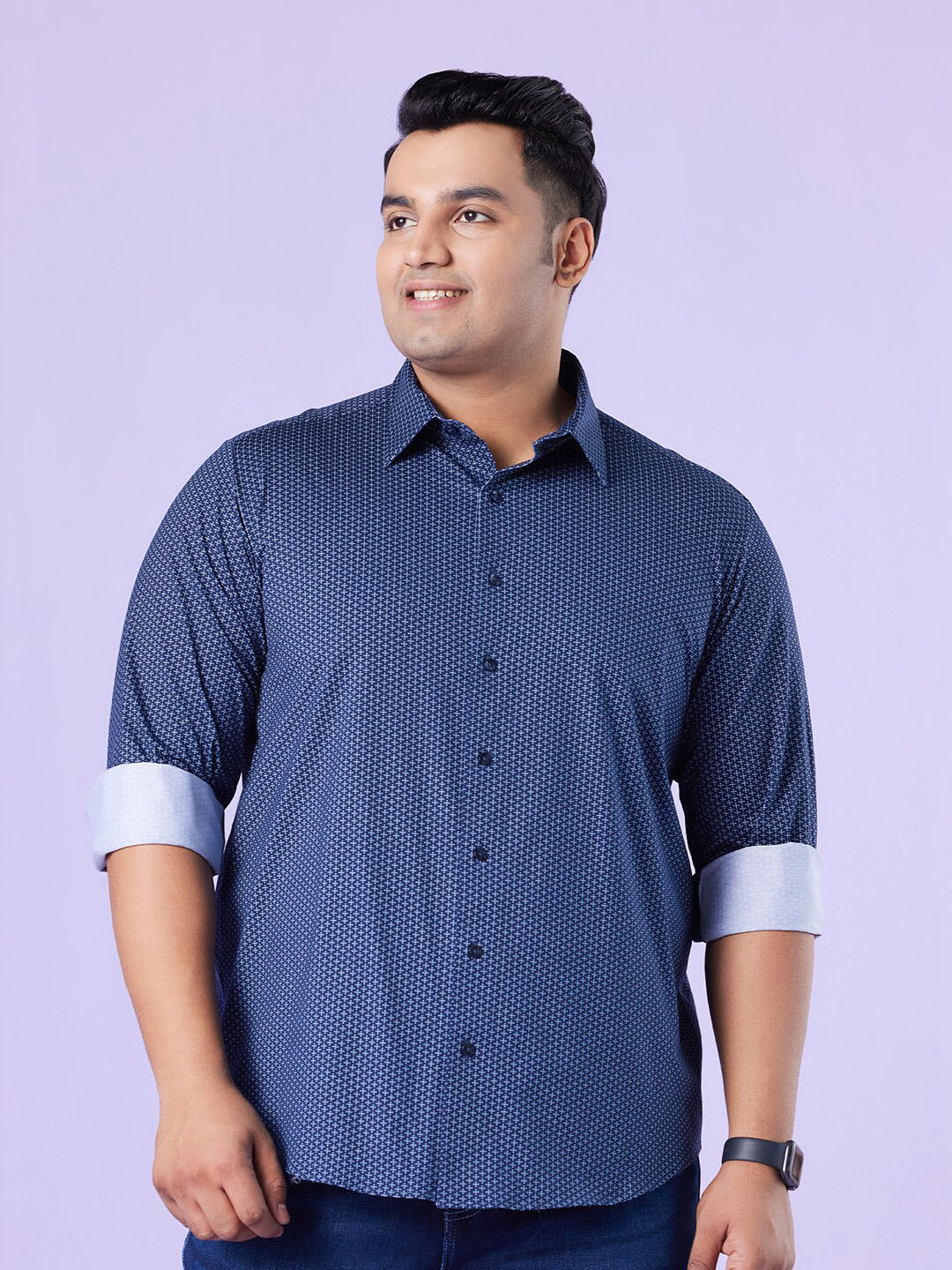 

Big Hello - The Plus Life Micro Ditsy Printed Cotton Casual Shirt, Navy blue