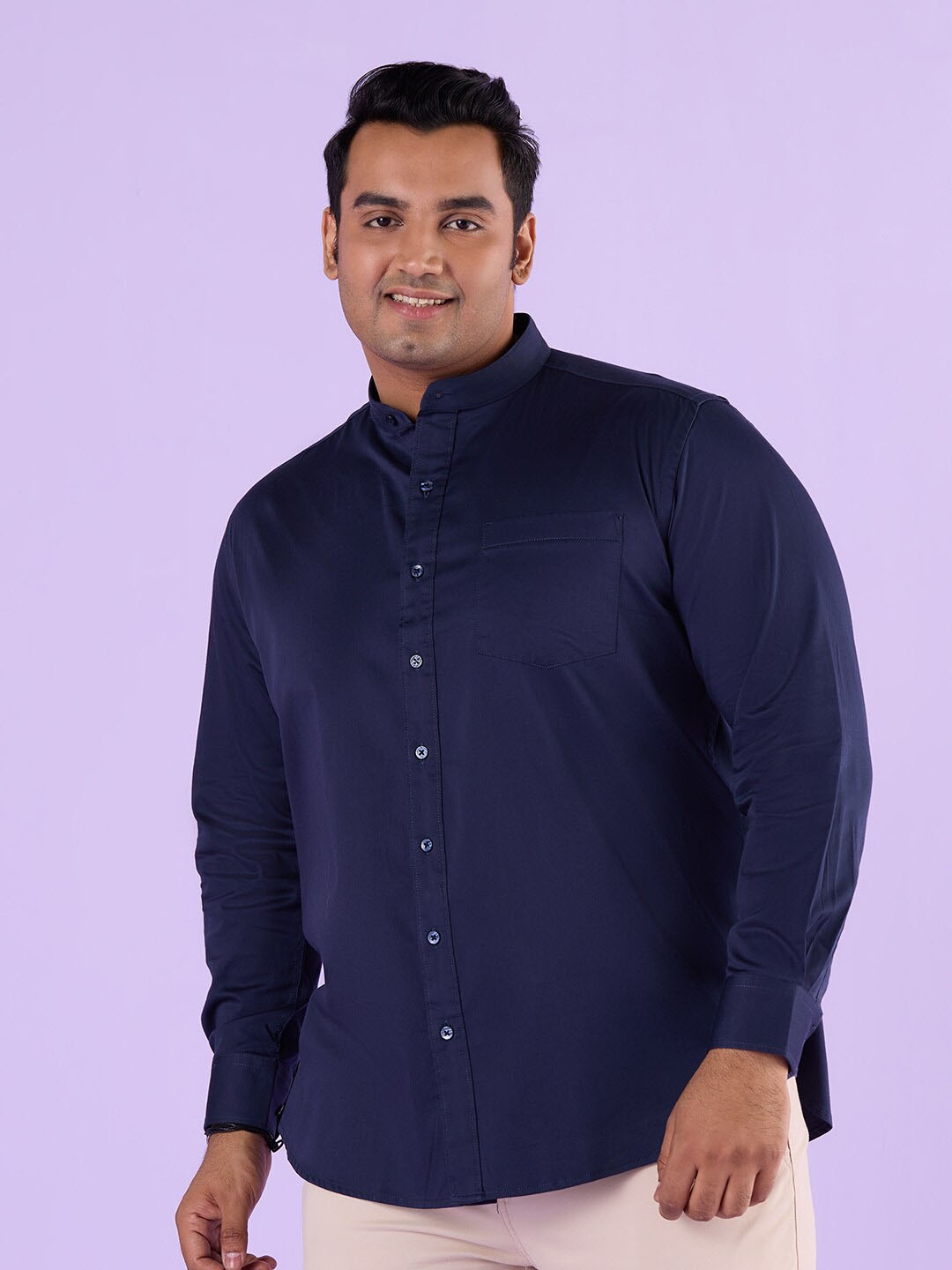 

Big Hello - The Plus Life Mandarin Collar Satin Casual Shirt, Navy blue