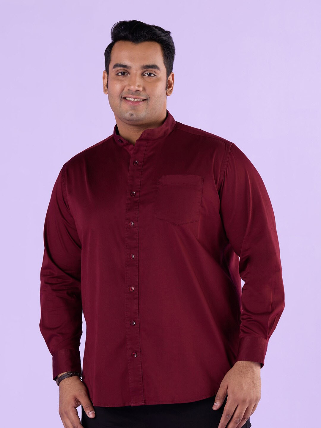 

Big Hello - The Plus Life Mandarin Collar Satin Casual Shirt, Red