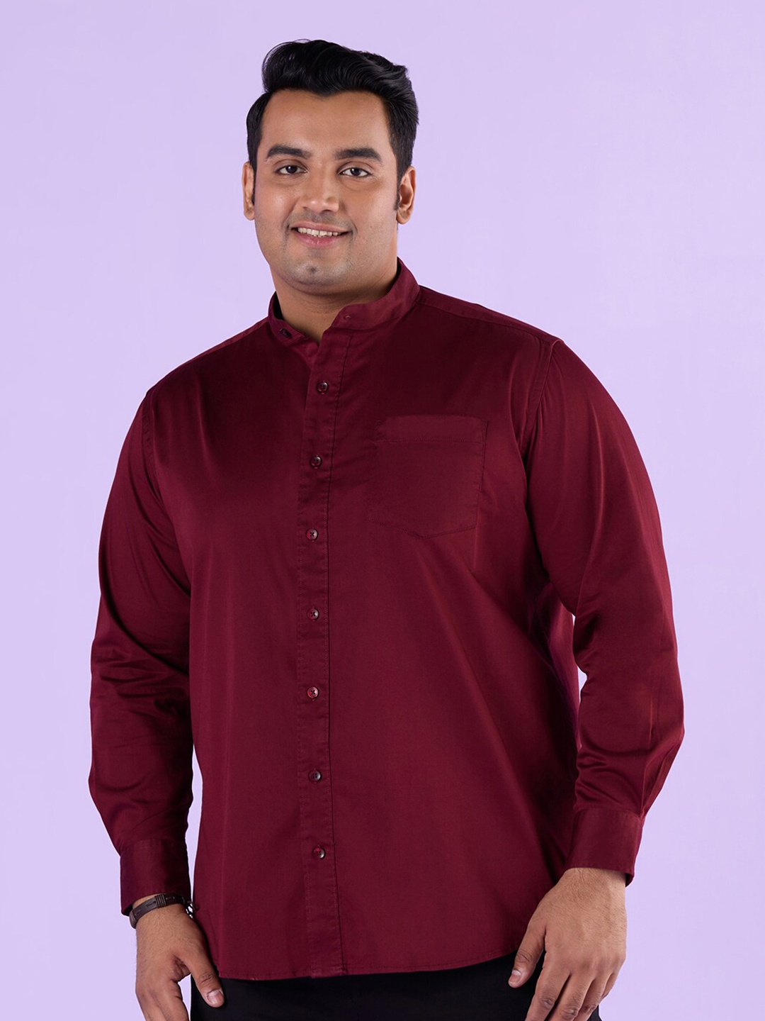 

Big Hello - The Plus Life Mandarin Collar Satin Casual Shirt, Red