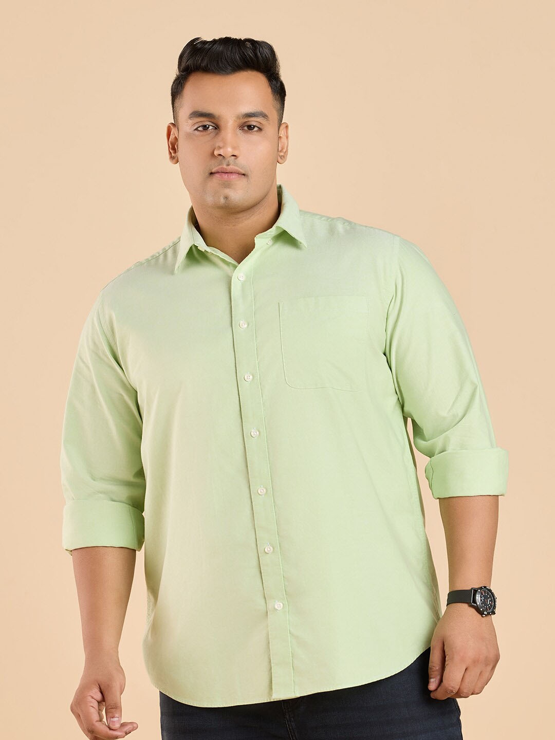 

Big Hello - The Plus Life Spread Collar Cotton Casual Shirt, Green