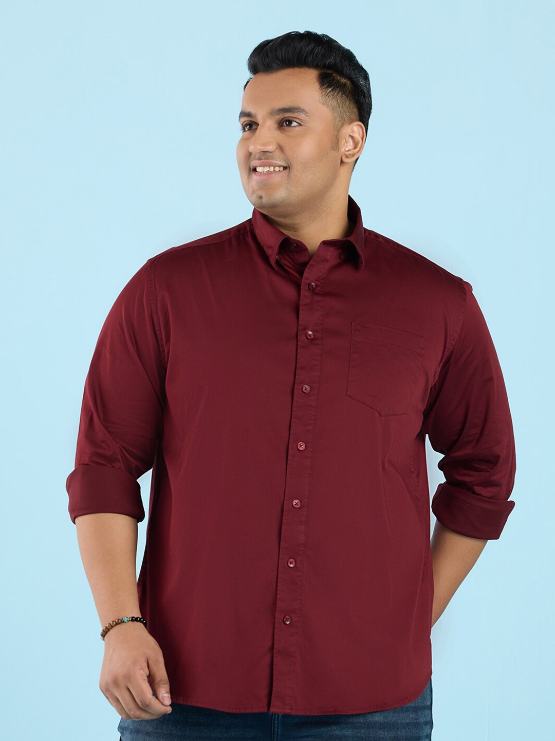 

Big Hello - The Plus Life Long Sleeves Cotton Satin Casual Shirt, Red