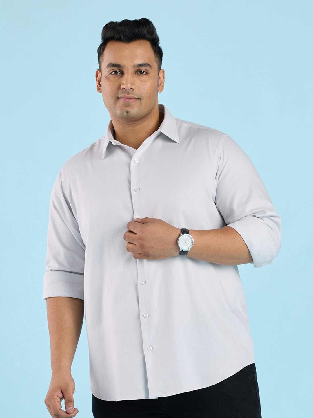 

Big Hello - The Plus Life Spread Collar Cotton Casual Shirt, Grey