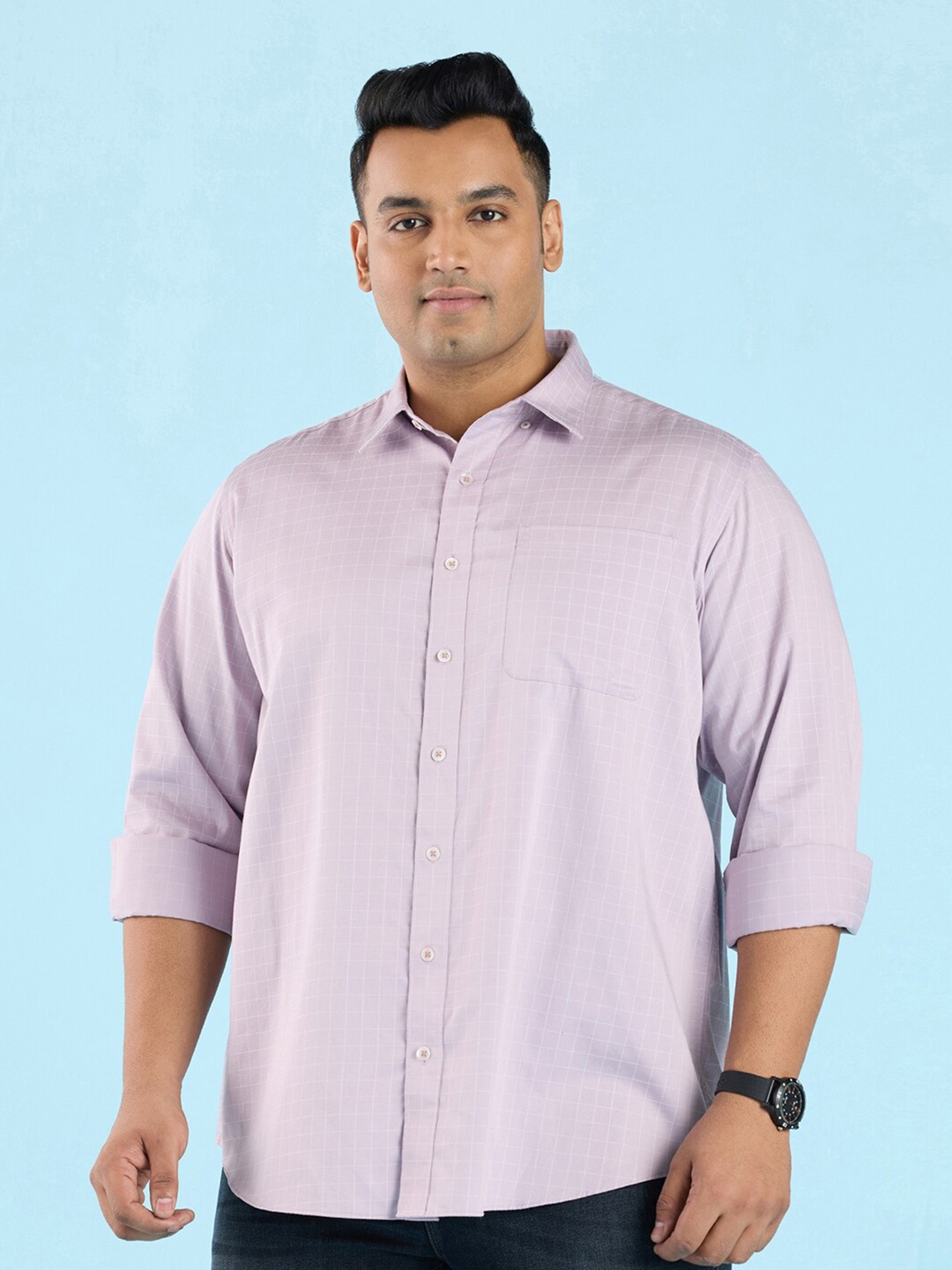 

Big Hello - The Plus Life Checked Spread Collar Cotton Casual Shirt, Purple