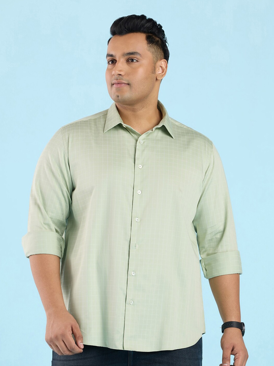 

Big Hello - The Plus Life Checked Spread Collar Cotton Casual Shirt, Green