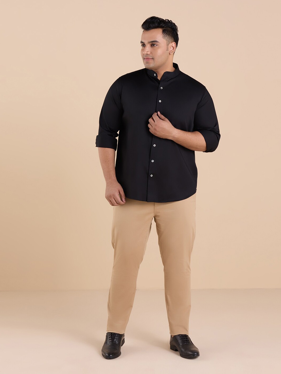 

Big Hello - The Plus Life Band Collar Cotton Casual Shirt, Black