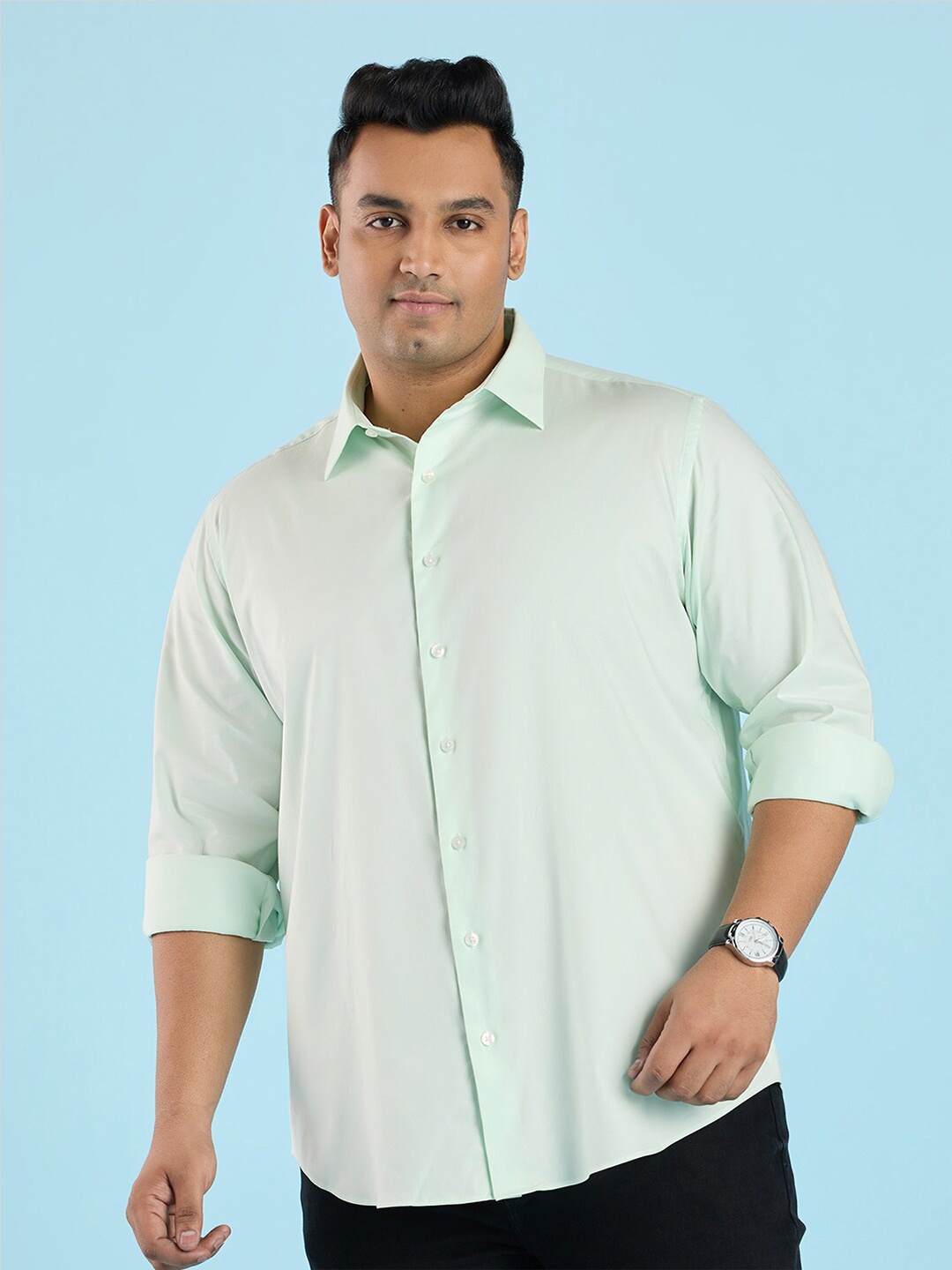 

Big Hello - The Plus Life Spread Collar Cotton Casual Shirt, Green