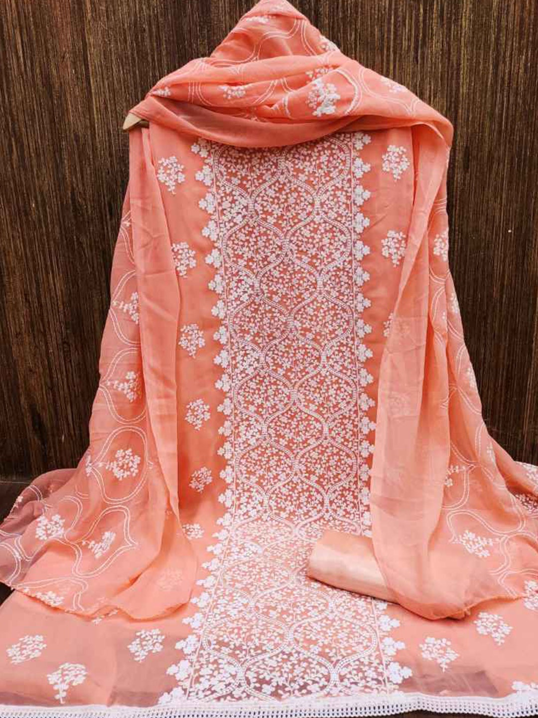 

faxofab Floral Embroidered Silk Georgette Unstitched Dress Material, Peach