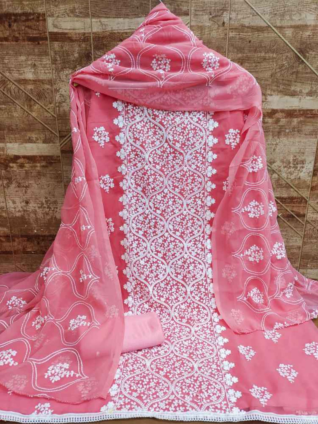 

faxofab Ethnic Motifs Embroidered Silk Georgette Unstitched Dress Material, Pink