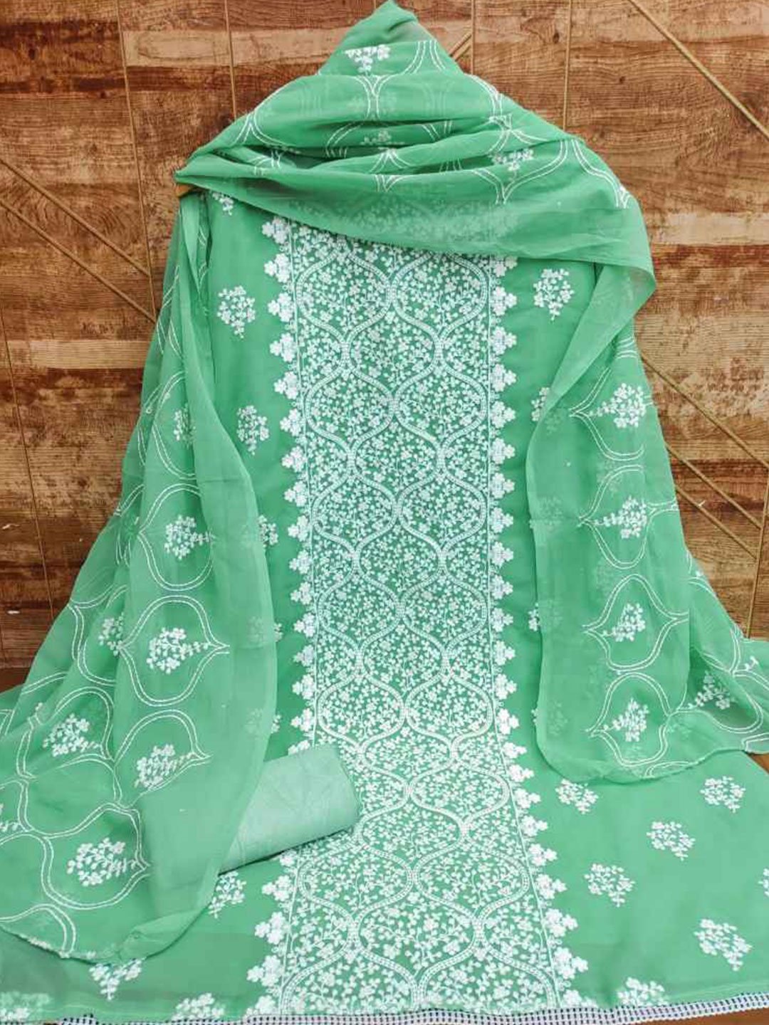 

faxofab Ethnic Motifs Embroidered Silk Georgette Unstitched Dress Material, Sea green