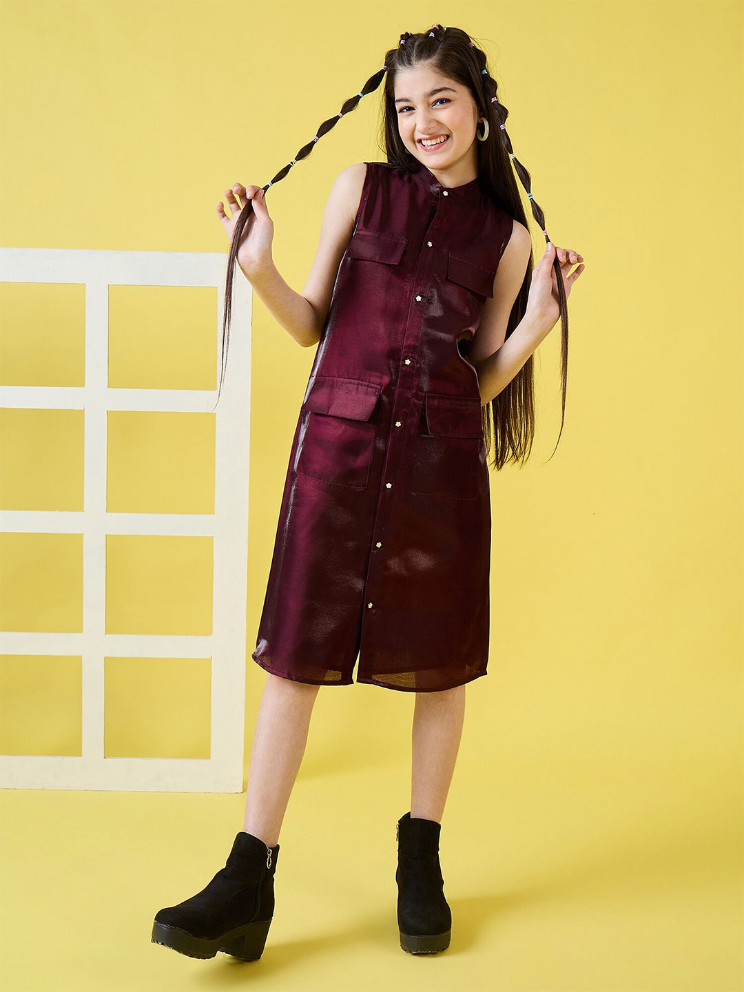 

Stylo Bug Girls Round Neck Sleeveless Satin Midi Shirt Dress, Maroon