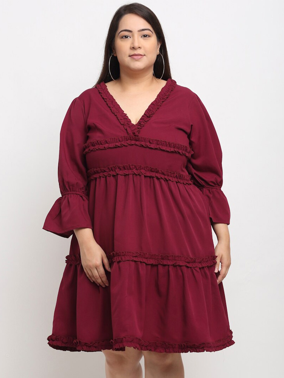 

Flambeur V Neck Bell Sleeve Crepe Fit & Flare Plus Size Dress, Maroon