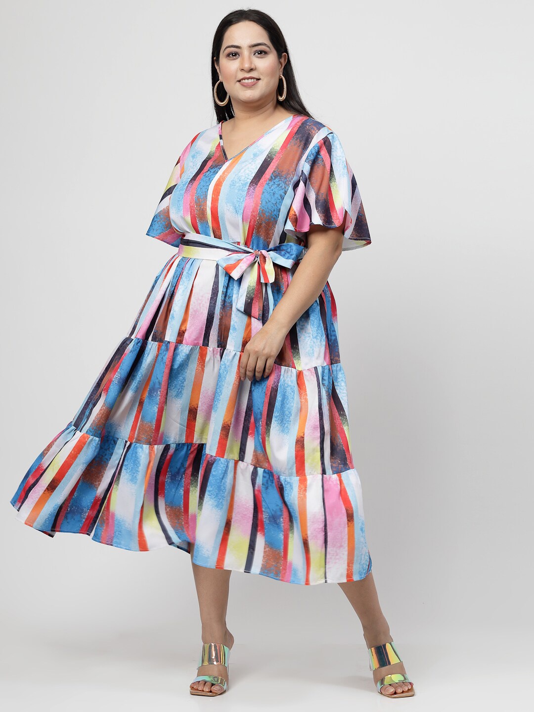 

Flambeur V-Neck Striped Flared Sleeve Fit & Flare Midi Dress, Blue