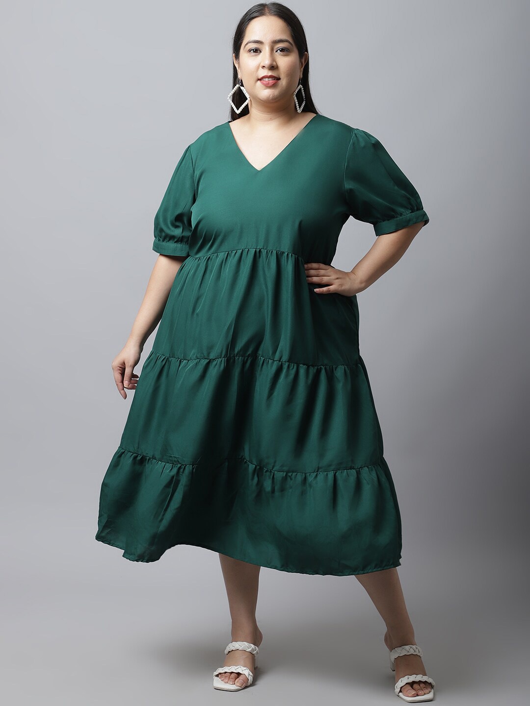 

Flambeur Plus Size V-Neck Puff Sleeve Fit & Flare Midi Dress, Green