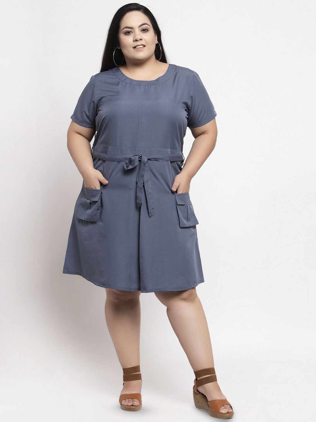 

Flambeur Plus Size Round Neck Short Sleeves A Line Dress, Grey