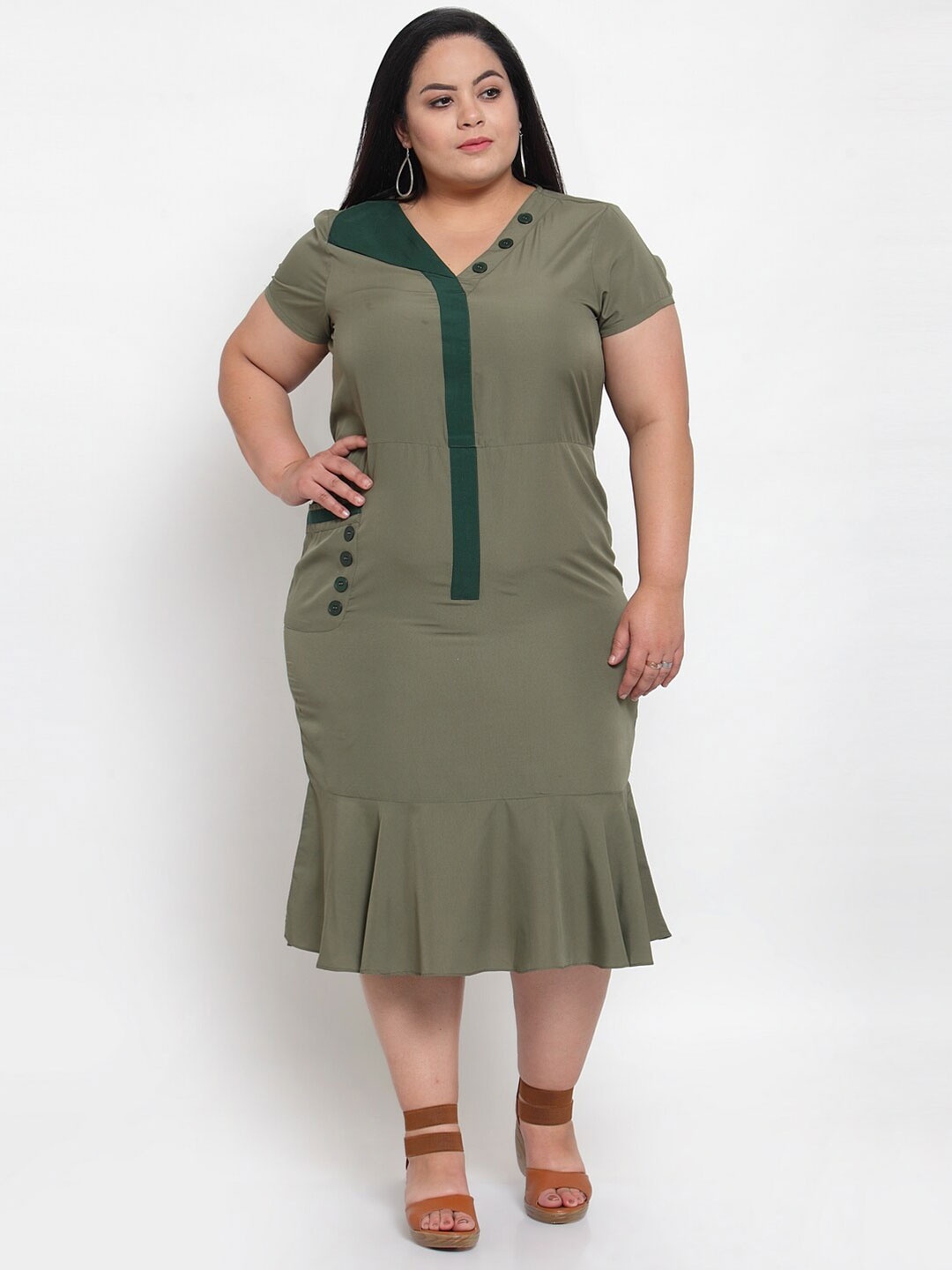 

Flambeur Plus Size Colourblocked Crepe Sheath Midi Dress, Olive