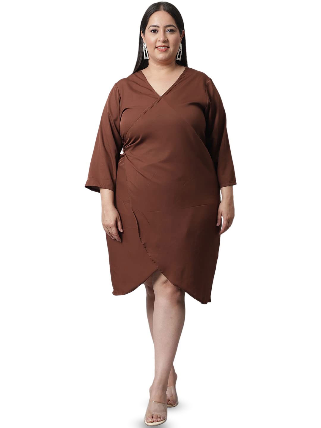 

Flambeur Plus Size V Neck Crepe Wrap Dress, Brown