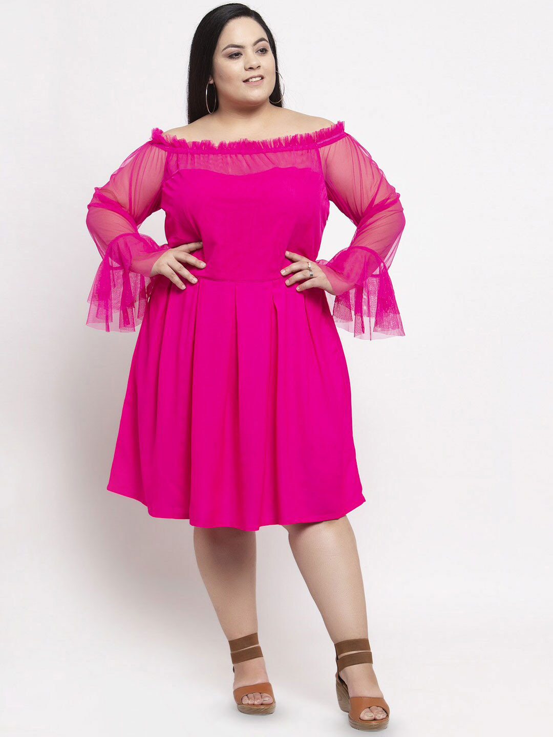 

Flambeur Plus Size Off-Shoulder Bell Sleeve Fit & Flare Dress, Pink
