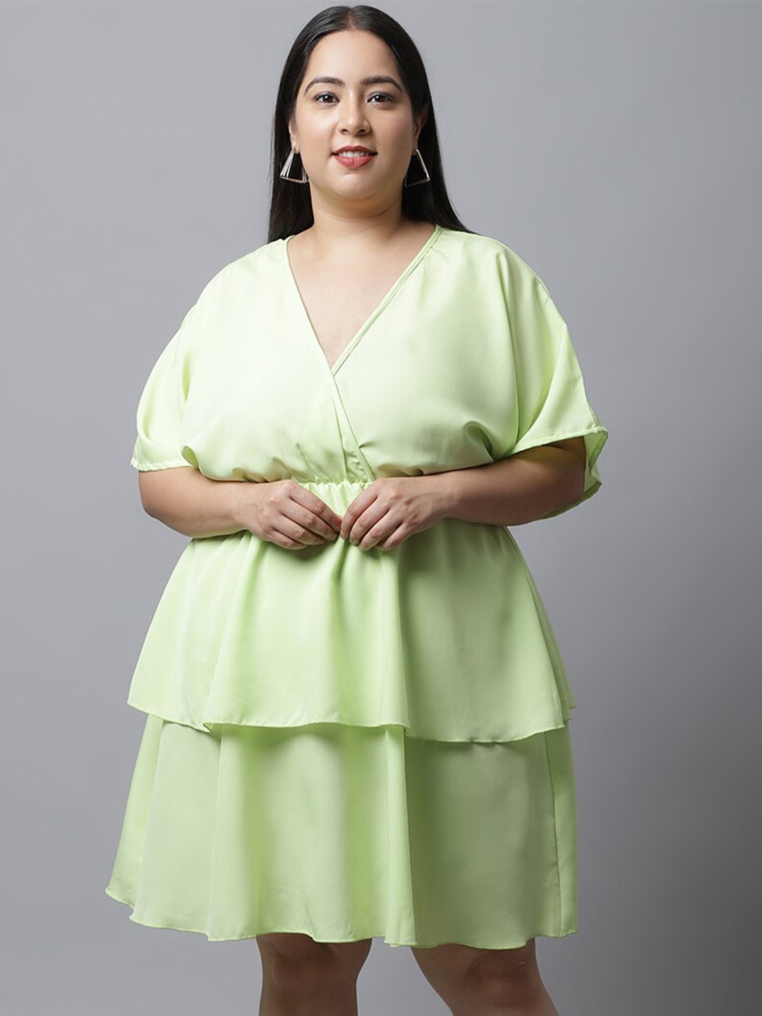

Flambeur Plus Size V-Neck Extended Sleeve Fit & Flare Dress, Green